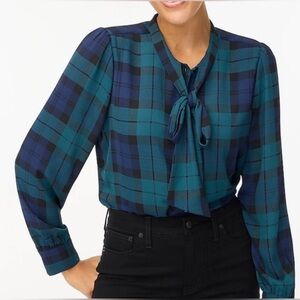 J. Crew Black Watch Bow Neck Top  Green and Navy Plaid Blouse. Size XS